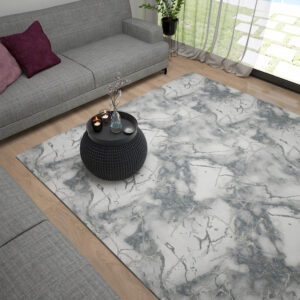 Living room with a large area rug designed to resemble the look of marble