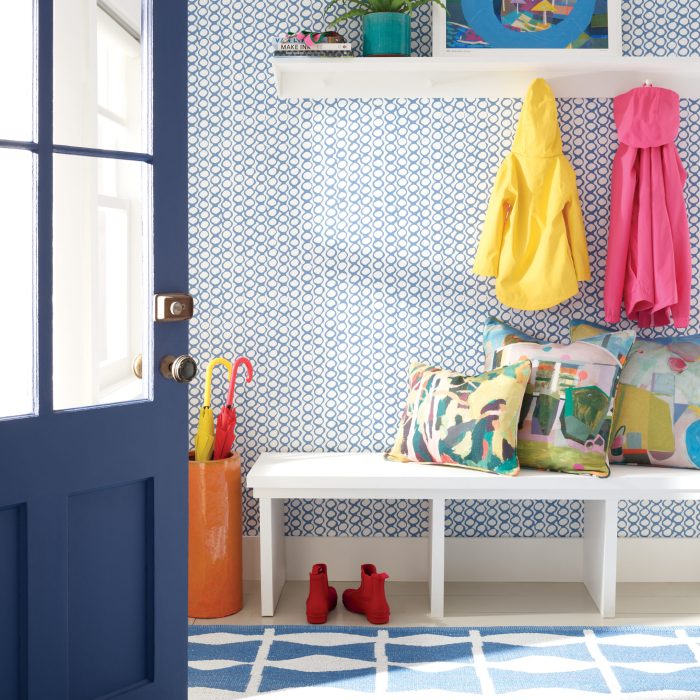 Colorful mudroom featuring a blue and white area rug designed for indoor and outdoor use by Albert & Dash