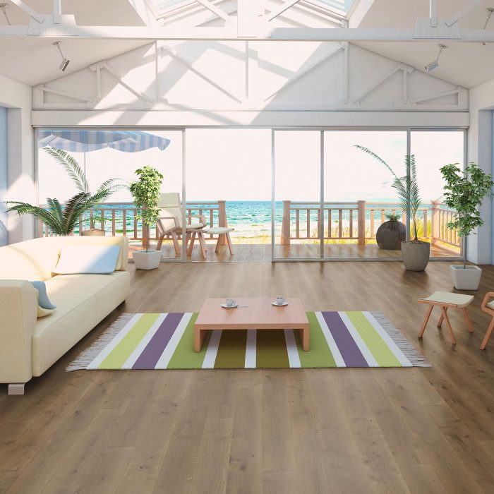 Vibrant sunroom with mid-tone hardwood flooring